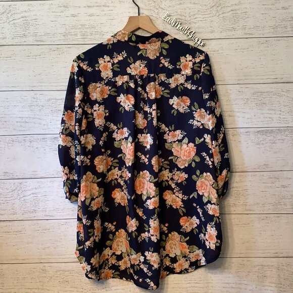 J for Justify Navy Blue and Vintage Floral Blouse Business Top Shirt Plus 1X - Picture 8 of 9